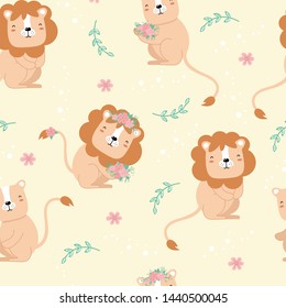 Cute seamless pattern with lions. Lion, lioness, flowers. Vector children's illustration. Printing on fabric, clothing, textiles, packaging paper.