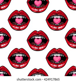 cute seamless pattern of lips and candies in the shape of a heart. hand-drawn illustration