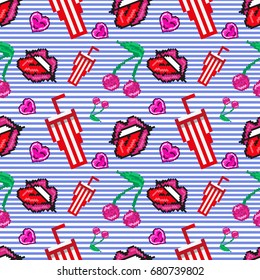 Cute seamless pattern with lips, cherry, milkshake and heart at marine stripes background