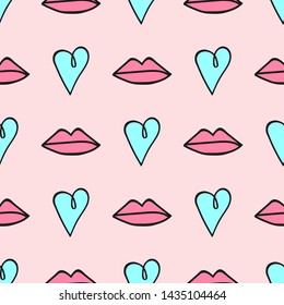 Cute seamless pattern with lips and hearts. Sketch, doodle, drawn by hand. Pink, turquoise, black. Vector illustration.