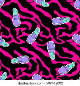 cute seamless pattern with lipstick patches on pink zebra print background 80s 90s style.animal print..vector