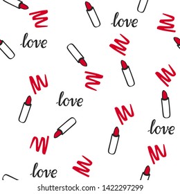 Cute seamless pattern with lipstick. Vector illustration in red, white and black.
