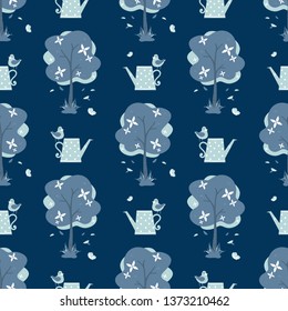 Cute seamless pattern of little birds with watering can, butterfly and tree with tiny flowers in light blue tones on blue background. Vector illustration.