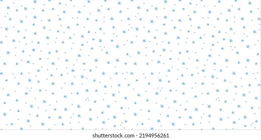 Cute Seamless pattern of little blue Snowflakes on white. Symbol of Snow, cold weather, frost. Hand drawn cozy Holiday Winter clipart. Vector background for fabric, textile, gift wrap, scrapbooking.