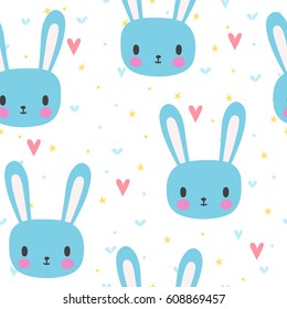 Cute seamless pattern for little boys with funny bunny. Smile characters. Vector illustration