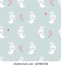 Cute seamless pattern with little Bunny and flowers on a gray background. Childish illustration in cartoon style. 