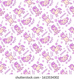 Cute seamless pattern with little cartoon pony and stars, vector texture