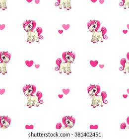 Cute seamless pattern with little cartoon pony and hearts on white, vector texture