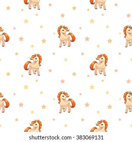 Cute seamless pattern with little cartoon pony and stars on white, vector texture