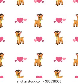 Cute seamless pattern with little cartoon deer and hearts on white, childish vector texture