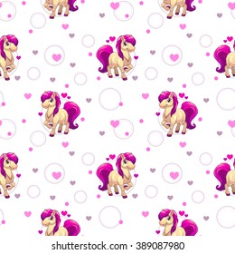 Cute seamless pattern with little cartoon pony and hearts on white, vector texture