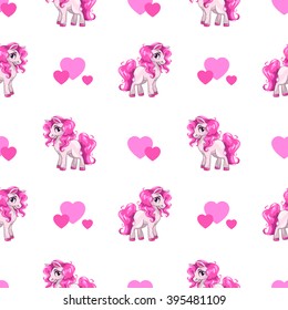Cute seamless pattern with little cartoon horse and hearts on white, vector texture