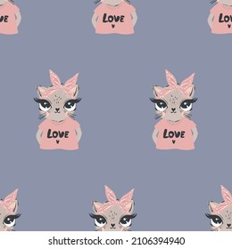 Un patrón impecable con la pequeña chica del gato. Ilustración del doodle vectorial.  Diseño de tela, papel pintado, envoltura. Patrón sin fisuras para la moda textil y la tela.