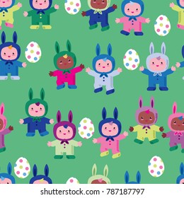 Cute seamless pattern. Little children dance in the costumes of Easter rabbits. Playing with Easter eggs. Group of kindergarten. Children's Carnival. Easter greeting card.