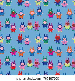 Cute seamless pattern. Little children play and dance in the costumes of Easter rabbits. Group of kindergarten. Children's Carnival. Easter greeting card.