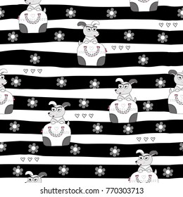 Cute seamless pattern with little dog in the bag.