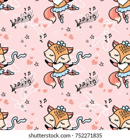 Cute seamless pattern with little fox dancer,music notes and hearts,vector illustration