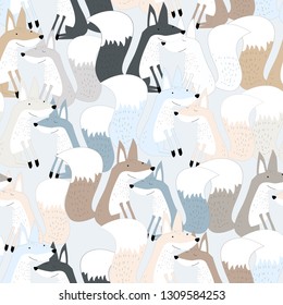 Cute seamless pattern of little foxes and friend seamless pattern background,freehand vector illustration doodle comic art. for fashion textile printed for kids,nursery childish style
