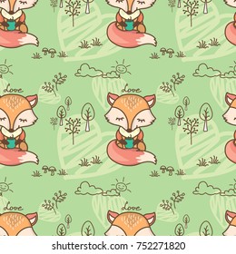 Cute seamless pattern with little fox,hearts on background,vector illustration