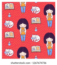 Cute seamless pattern with little girls, books, ginger cats, white kittens and tea cup. Design for textile, fabric, card, paper, wallpaper. Vector illustration for kids, children, babies.