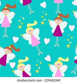 Cute Seamless Pattern for Little Girls. Fairy with Wonder Stick. Vector Background