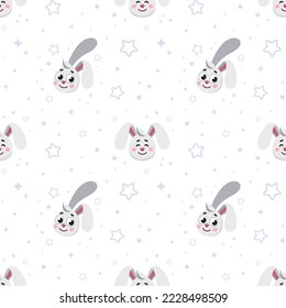 Cute seamless pattern with little Hare face, stars and dots in doodle style. Vector illustration - cartoon rabbit.