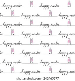 Cute seamless pattern with little hares and wishes happy easter. Vector hand drawn doodle illustration.