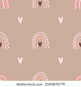 Lindo patrón sin fisuras con pequeños corazones y arco iris. Fondo pastel de Vector. Día de San Valentín y amor