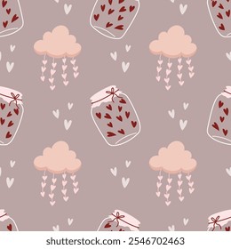 Nettes, nahtloses Muster mit kleinen Herzen in einem Glas und Wolken. Vektor-Pastellhintergrund. Valentinstag und Liebe