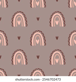 Cute seamless pattern with little hearts and rainbow. Vector pastel background. Valentine's day and love