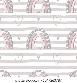 Cute seamless pattern with little hearts and rainbow. Vector pastel background. Valentine's day and love