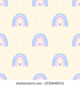 Cute seamless pattern with little hearts and rainbow. Vector pastel background. Valentine's day and love