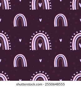 Padrão perfeito bonito com corações pequenos e arco-íris. Fundo pastel do vetor. Dia dos Namorados e amor