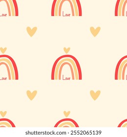 Cute seamless pattern with little hearts and rainbow. Vector pastel background. Valentine's day and love