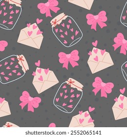 Cute seamless pattern with little hearts in a jar and letters. Vector pastel background. Valentine's day and love