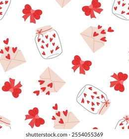 Cute seamless pattern with little hearts in a jar and letters. Vector pastel background. Valentine's day and love