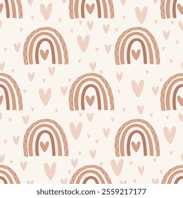 Cute seamless pattern with little hearts and rainbow. Vector pastel background. Valentine's day and love