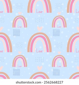 Cute seamless pattern with little hearts and rainbow. Vector pastel background. Valentine's day and love