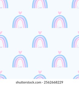 Cute seamless pattern with little hearts and rainbow. Vector pastel background. Valentine's day and love