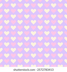 Cute seamless pattern with little hearts in purple, pink, and yellow shades. Beautiful background in pastel tones for girly designs, stationary, love-themed projects, scrapbooking, textiles, etc.