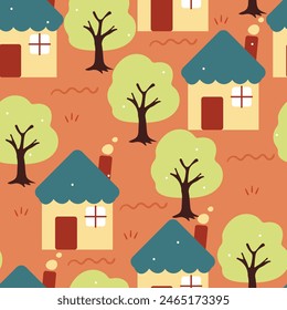 cute seamless pattern little house with tree and plant. cute wallpaper for gift wrap paper