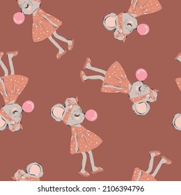 Cute seamless pattern with little mouse girl. Vector doodle illustration.  Cloth design, wallpaper, wrapping. Seamless pattern for fashion textile and fabric.
