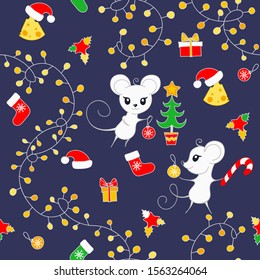 Cute seamless pattern with little mouses and symboles of Christmas. Vector illustration.