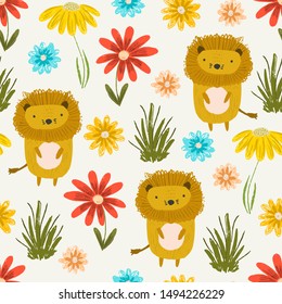 Cute seamless pattern with little orange lions, colorful grass and flowers. Funny childish summer hand drawn safari cats texture for kids design, wallpaper, textile, wrapping paper, background
