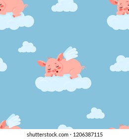 Cute seamless pattern with little pigs with wings sleeping on clouds. Cartoon character of sign of year 2019. Vector illustration