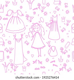 Patrón perfecto con una pequeña princesa. Imágenes de doodles vectores, vestidos estilizados, zapatos, bolsos de mano, teléfonos, coronas y tiaras, flores. Doodles de dibujos animados en rosa. Ilustración bursátil.