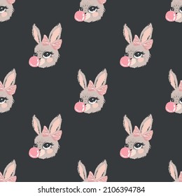Cute seamless pattern with little rabbit girl. Vector doodle illustration.  Cloth design, wallpaper, wrapping. Seamless pattern for fashion textile and fabric.