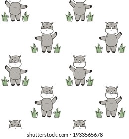 Cute seamless pattern with little rhino and grass, vector print for kids t-shirt and wear, baby room, greeting card. Hand drawn illustration.