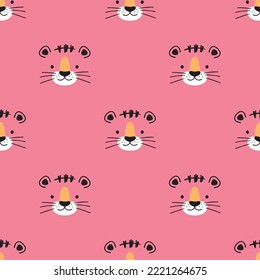Rein nahtloses Muster mit kleiner Tiger-Seite auf doodles Stiel auf rosafarbenem Hintergrund. Vektorgrafik - Cartoon Tiger, zum Entwerfen von Babybekleidung.