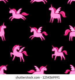 Cute seamless pattern. Little unicorns with wings and a pink mane. Pegasus on a black background.